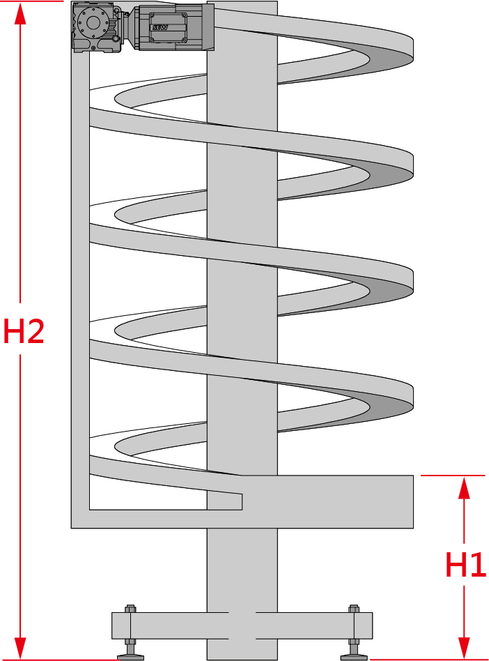 NEXUS elevation drawing of a spiral conveyor, dimensioned from the infeed height H1 to the overall height H2.