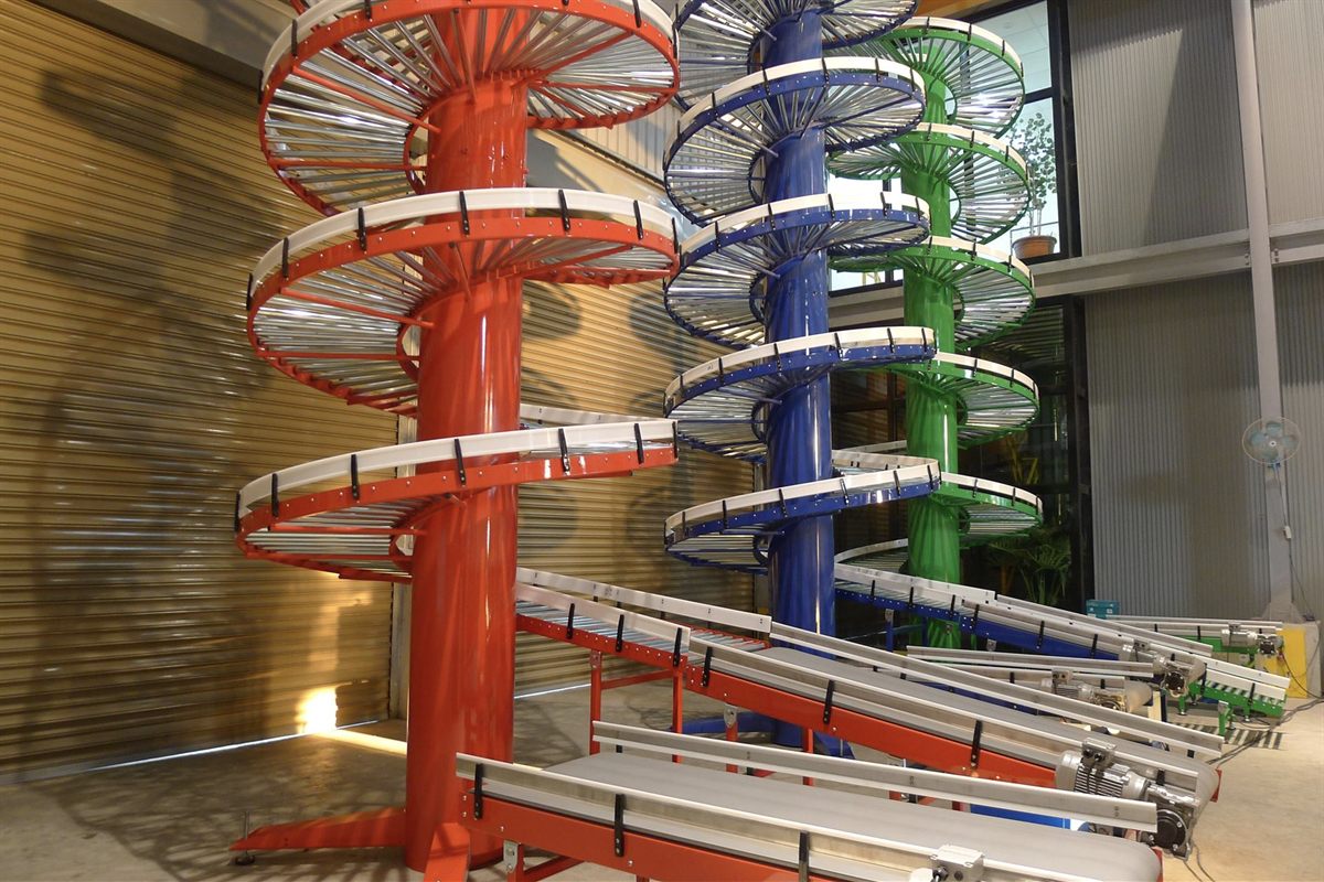 A NEXUS gravity roller spiral conveyor installed on site.