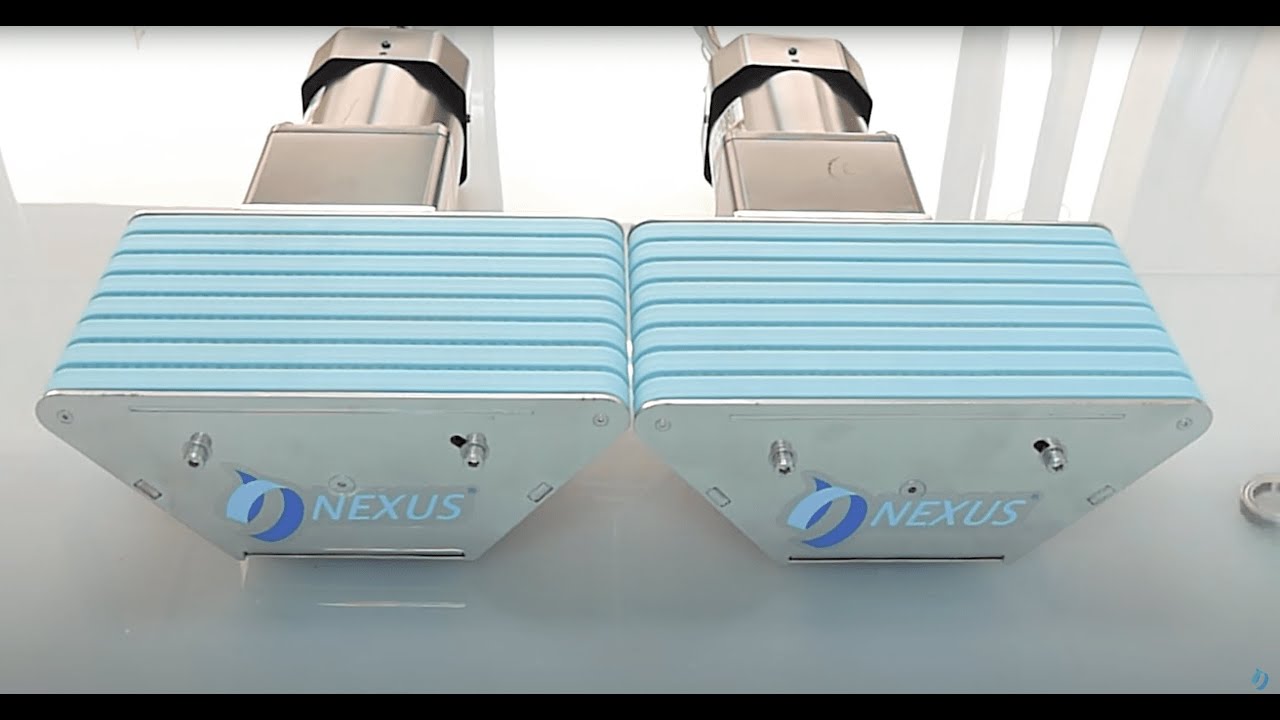 Two miniature conveyors with blue modular belts, each with its motor mounted outside the frame.